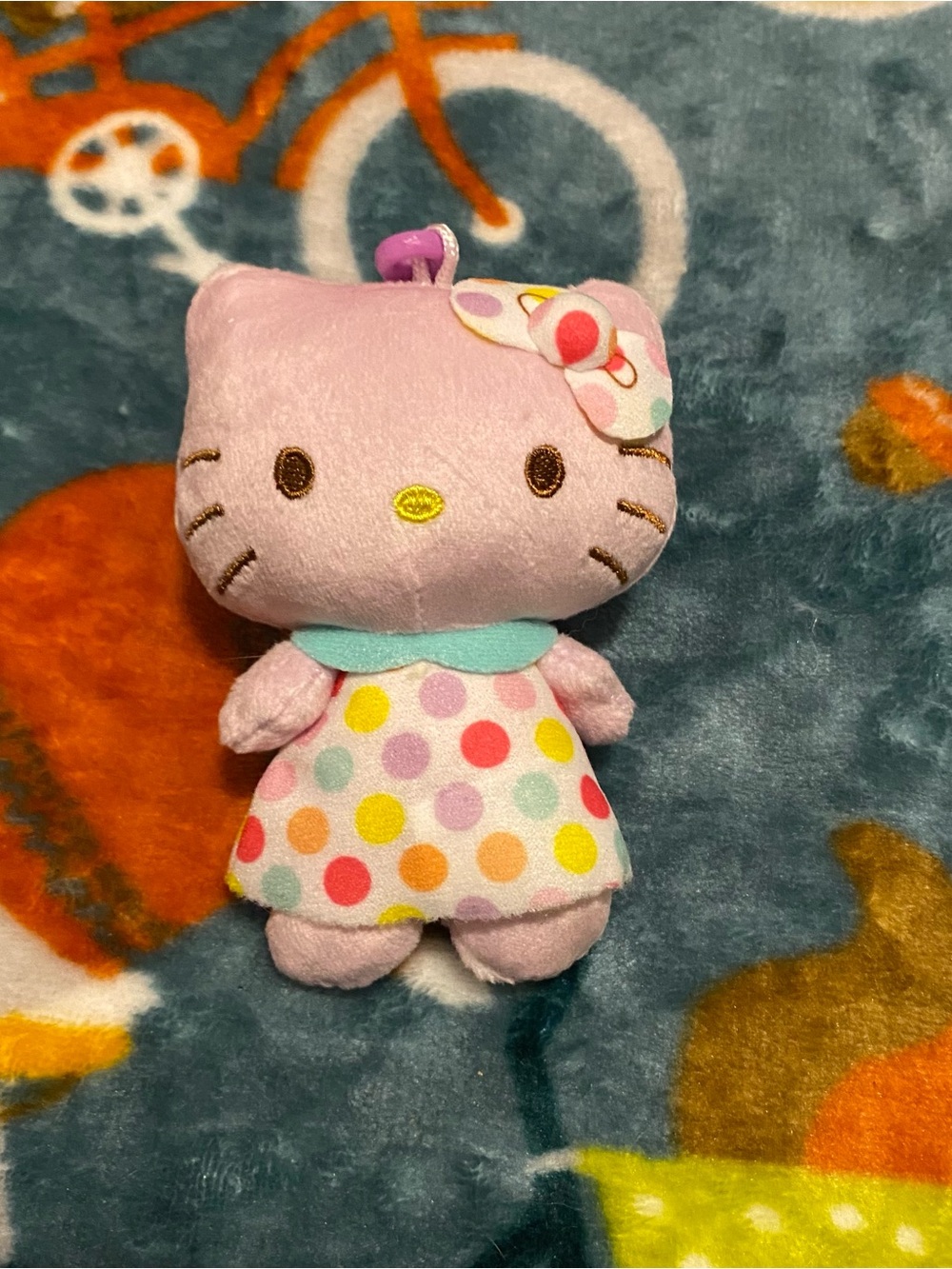 Sanrio Hello Kitty 4in Plush Clip-On Keychain Purple Rainbow Polka Dot Dress